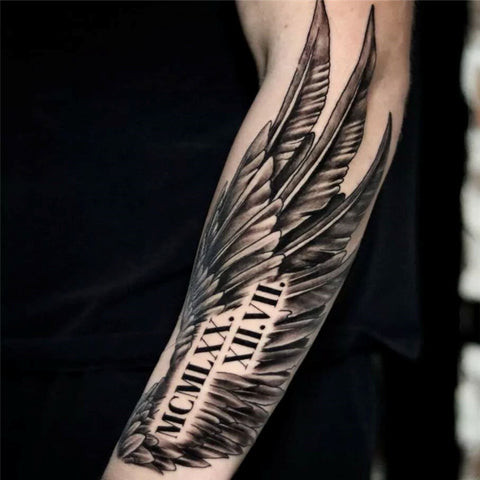 Roman numeral feather tattoo featuring intricate line work and shading
