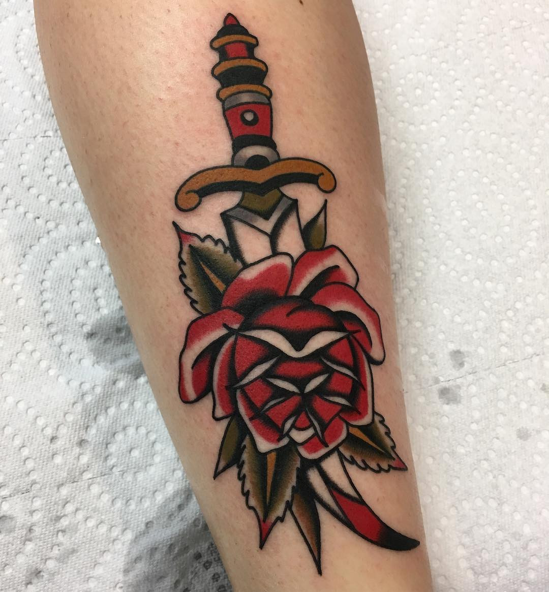 Rose and Dagger Traditional Tattoo