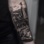 Black and grey tattoo of a cityscape with an airplane and vintage car, showcasing realism and hyperrealism.