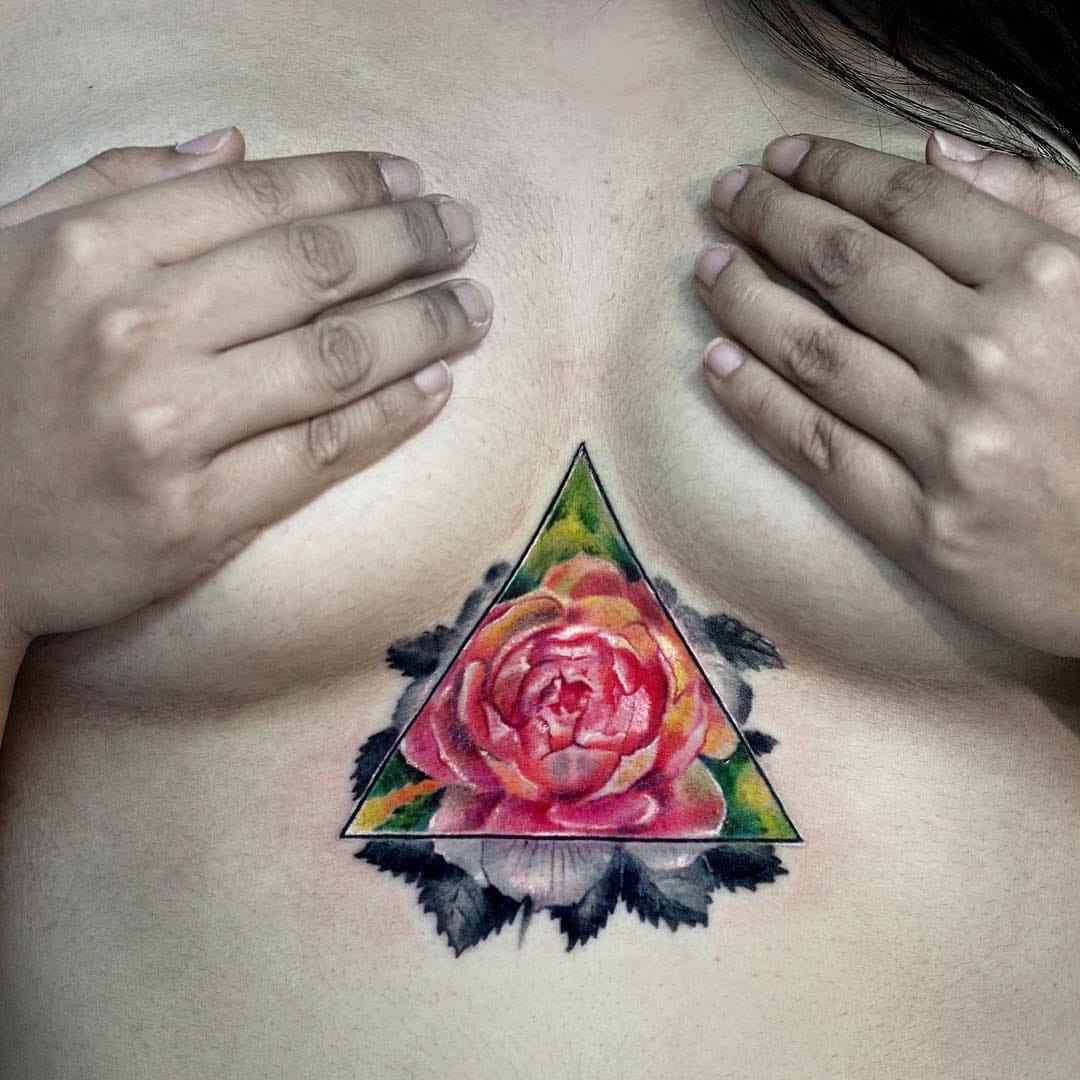 Watercolor peony flower tattoo on the stomach