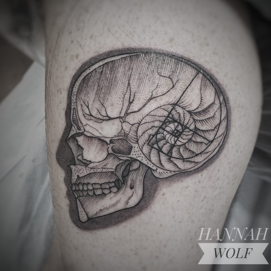 Tattooed arm with geometric skull design