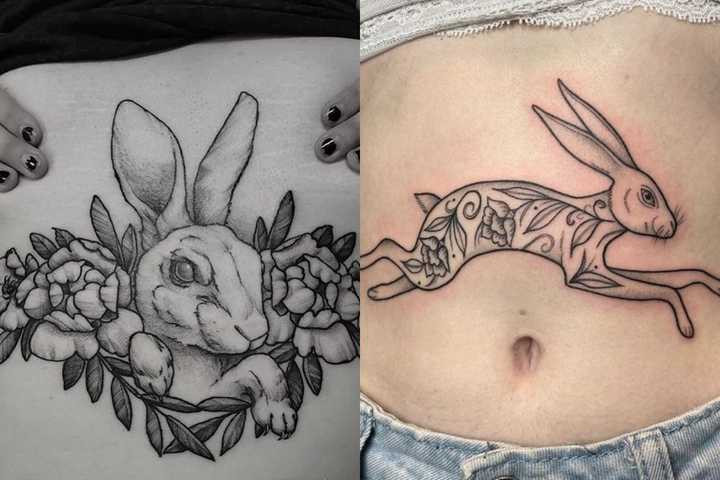 A lady with a rabbit tattoo surrounded by flowers