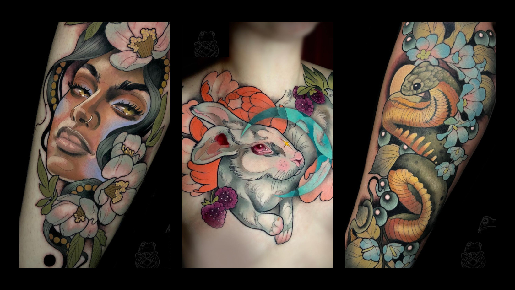 Evin Pfaff's Neo-Traditional tattoo with unconventional color use