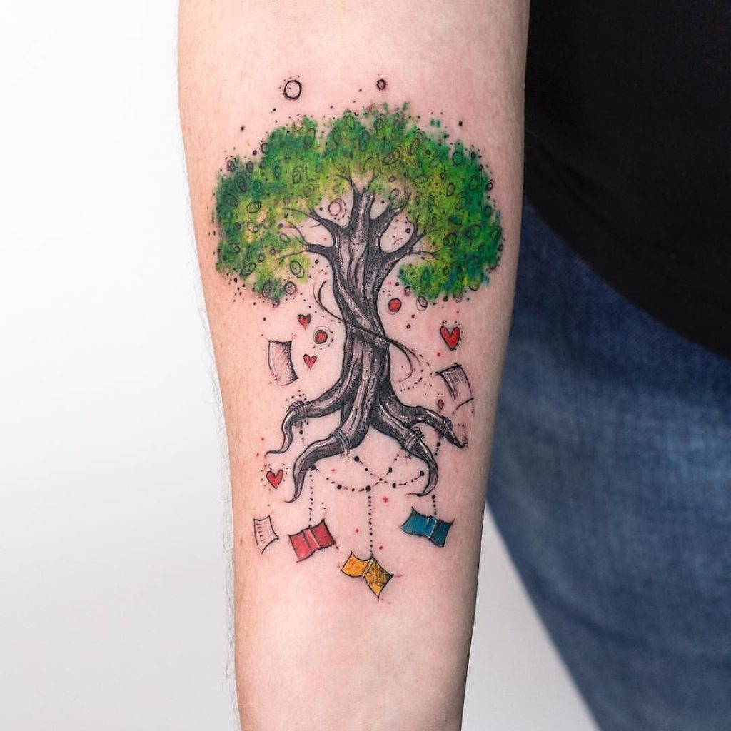 Book and tree tattoo art