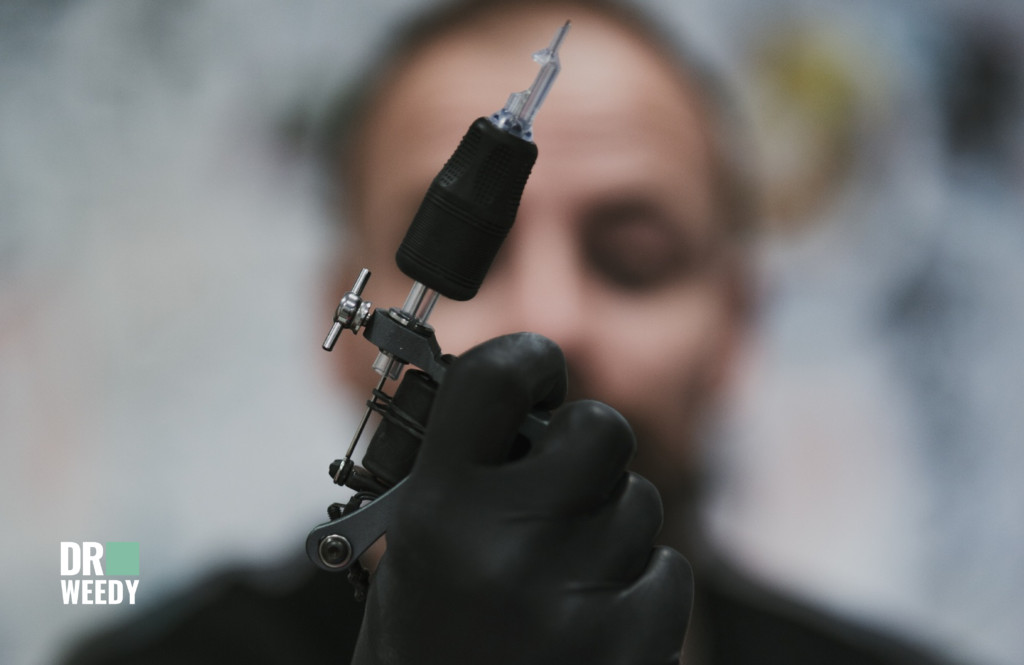 Image depicting potential risks of using cannabis before a tattoo, such as increased bleeding and fidgeting
