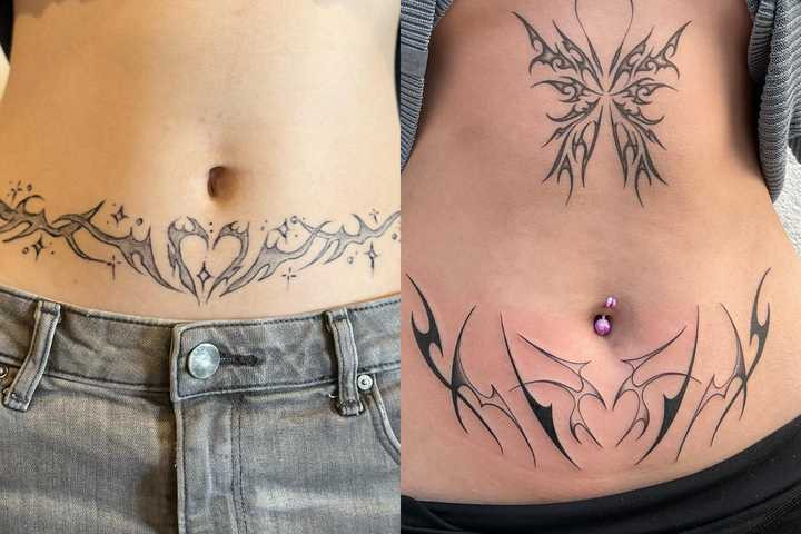 Two ladies have stretch mark cover-up tattoos on their lower abdomen