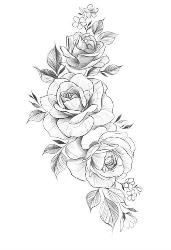Vintage rose design tattoo sketch with detailed leaves and small flowers.