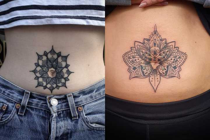 Two ladies with black mandala tattoos at the center of their stomachs