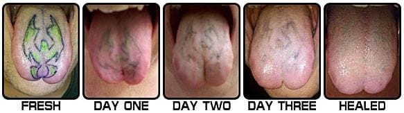 A creative tongue tattoo featuring a small, detailed design