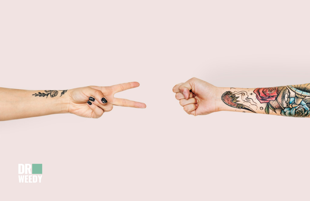 Collage summarizing key takeaways about cannabis and tattoo pain