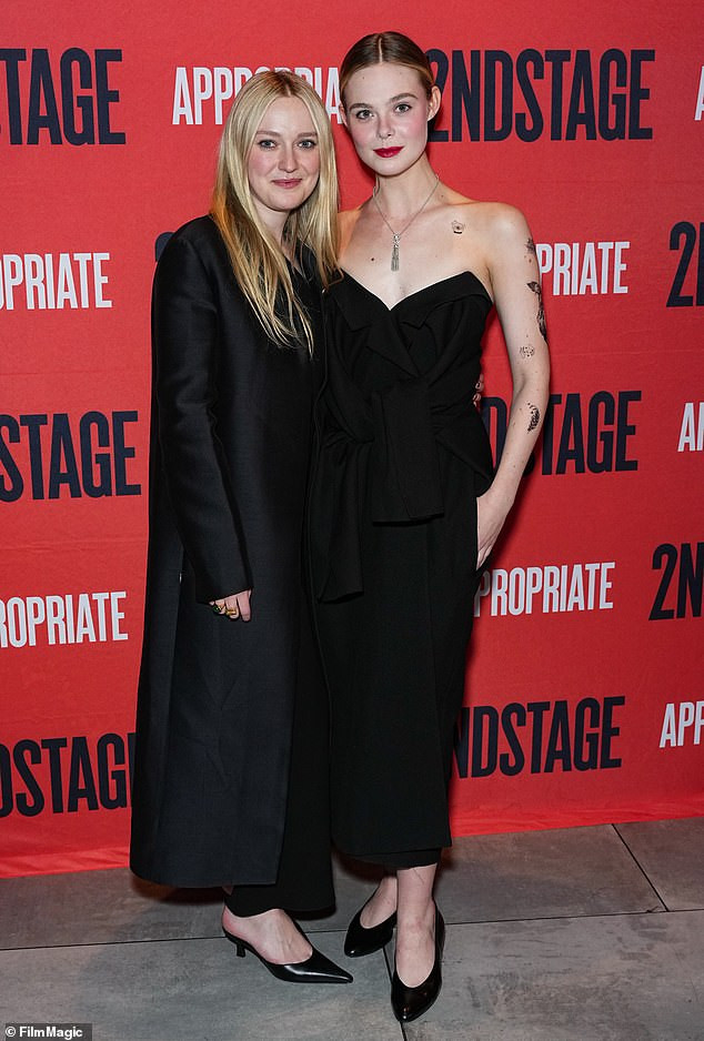 Elle Fanning strapless dress showcasing unique tattoos