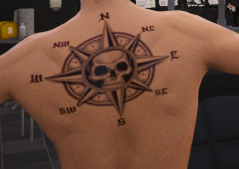 GTA 5 torso tattoo design featuring a skull compass with nautical elements, ideal for players seeking a bold and adventurous look