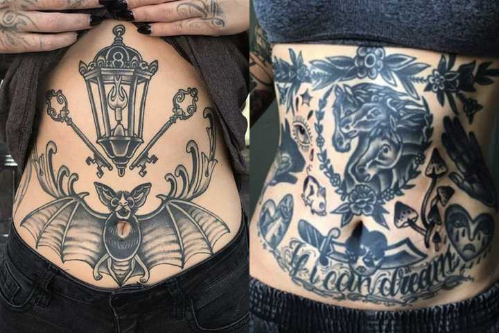 A woman in black is in a bat and a lamp tattoo on her full stomach