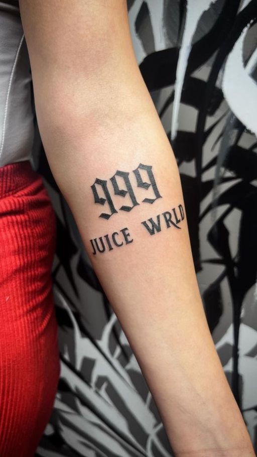 Thigh Tattoo Ideas 999 tattoo meaning with the lettering juice wrld on the forearm in abstract writing as a tribute
