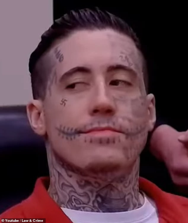 Wade Wilson with extensive face tattoos during a court appearance, showcasing white supremacist symbols