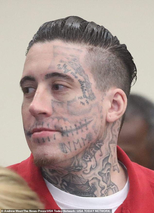 Close-up of skeletal figure tattoo on Wade Wilson's face