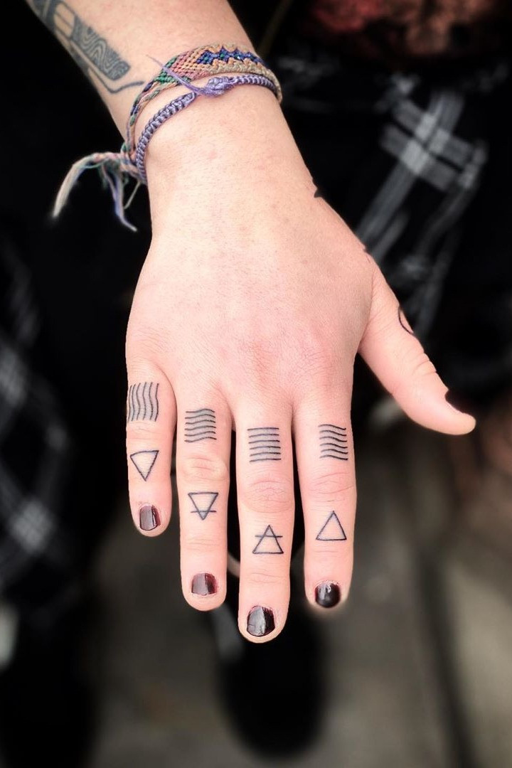 A finger tattoo showcasing alchemical symbols representing the four elements.