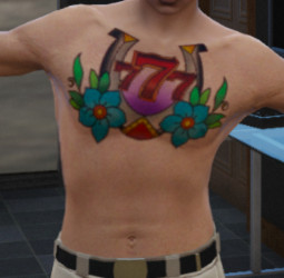 GTA 5 torso tattoo depicting lucky 7s, symbolizing good fortune and risk-taking, ideal for characters who embrace a gambling lifestyle