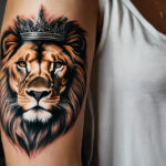 A realistic crowned lion head tattoo on the upper arm