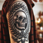 A tattoo on a man’s upper arm featuring a skull with a laurel wreath