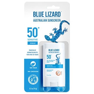 Blue Lizard Sensitive Mineral Sunscreen Stick is easy to apply and provides water-resistant sun protection.