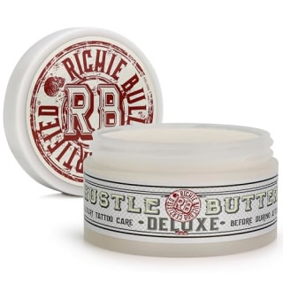 Hustle Butter Tattoo Aftercare Balm, a vegan option, hydrates with shea butter and coconut oil.