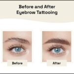 Before and after photos of eyebrow tattooing, showcasing fuller and more defined eyebrows.