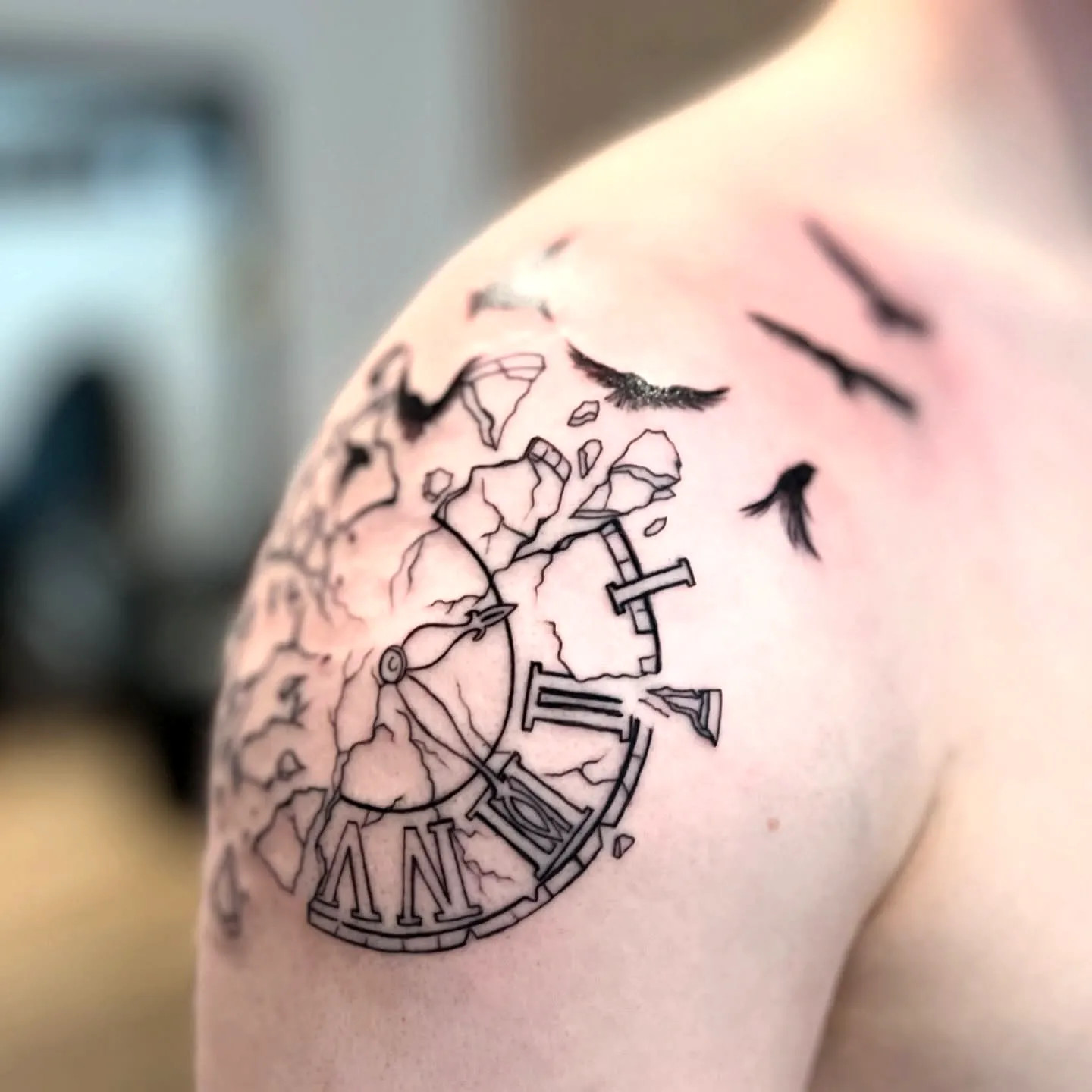 Broken Clock Bird Upper Shoulder Tattoo