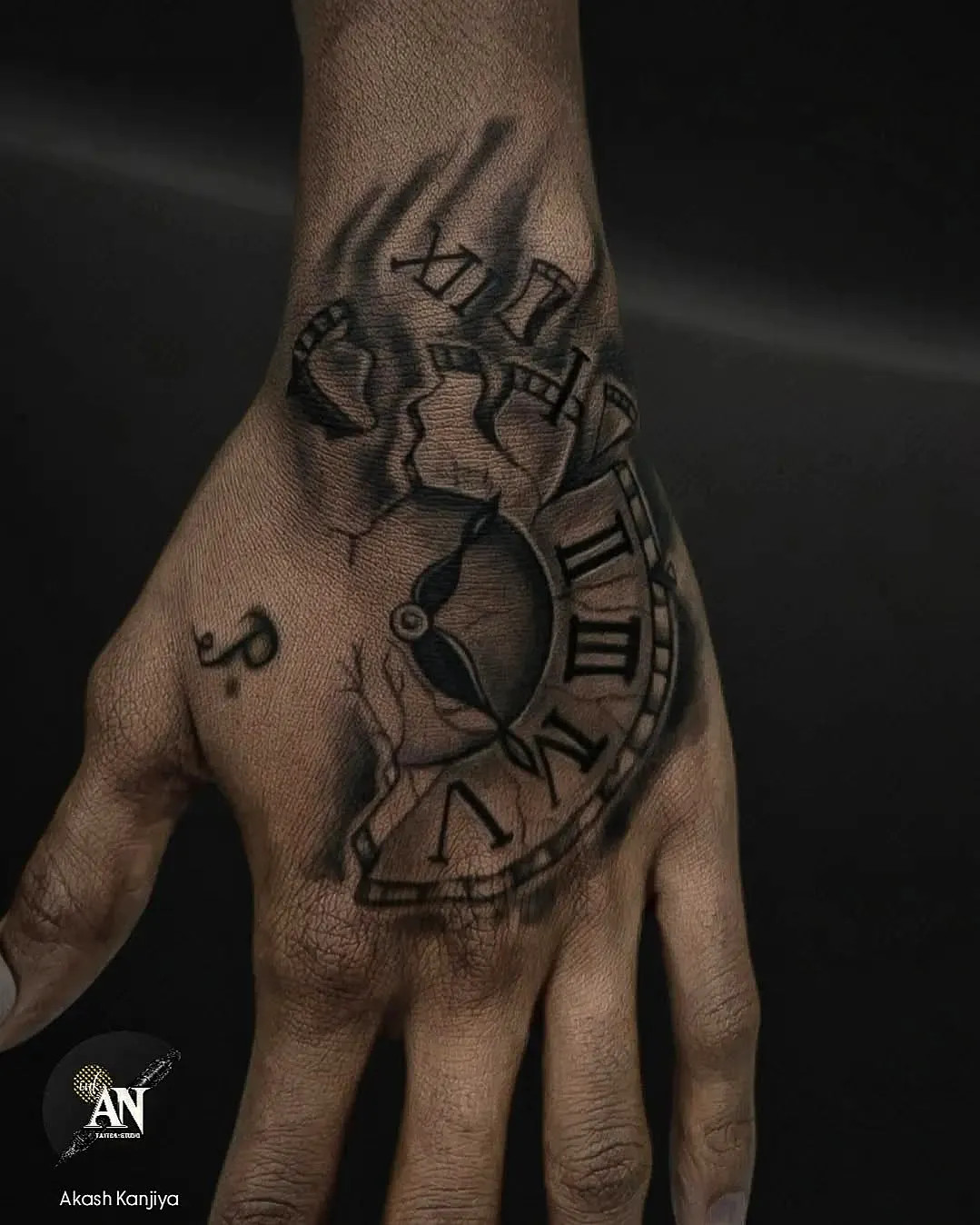 Broken clock tattoo on hand with eye symbol in black and gray design