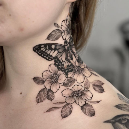 Butterfly floral neck tattoo with shading