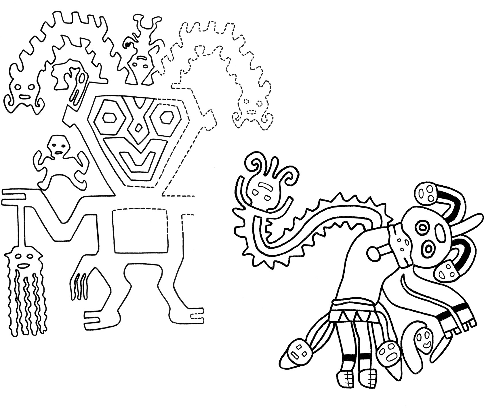 Paracas burial textile designs with trophy head and centipede theme, showcasing the intricate patterns