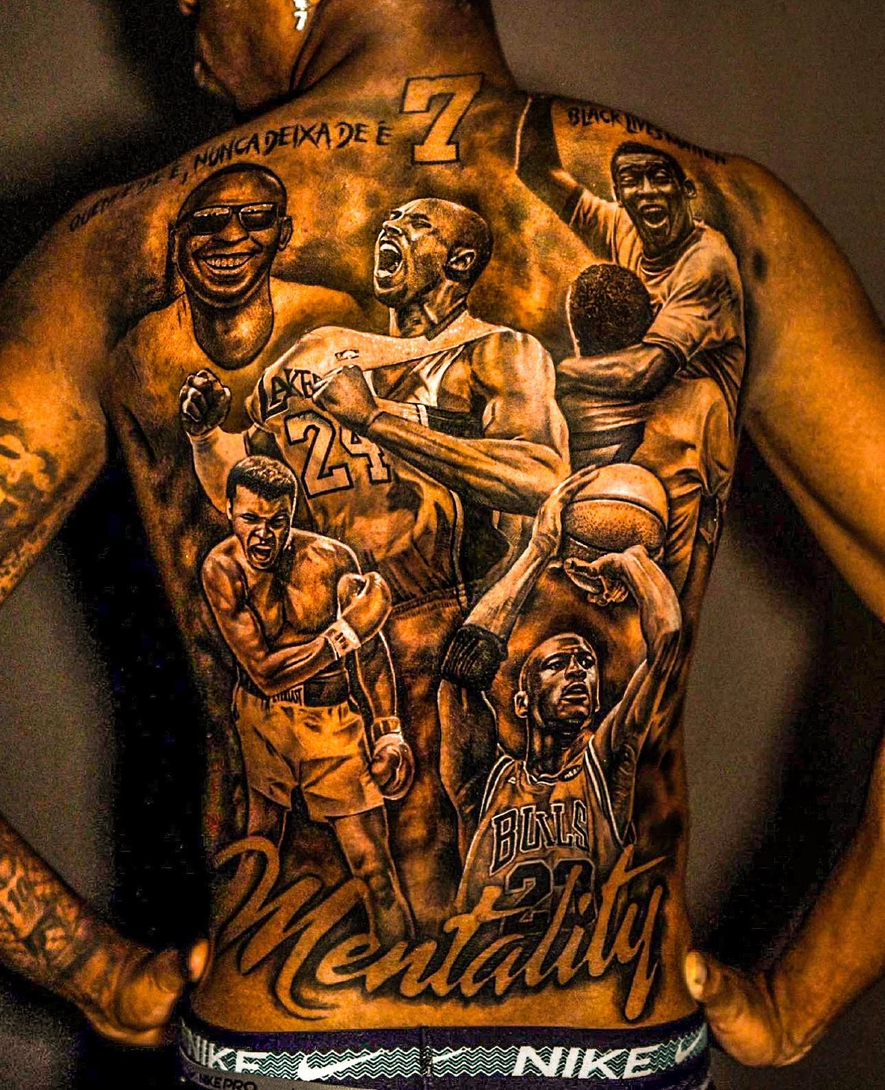 Vinicius Jr.'s full back tattoo featuring sports legends and 'Black Lives Matter'