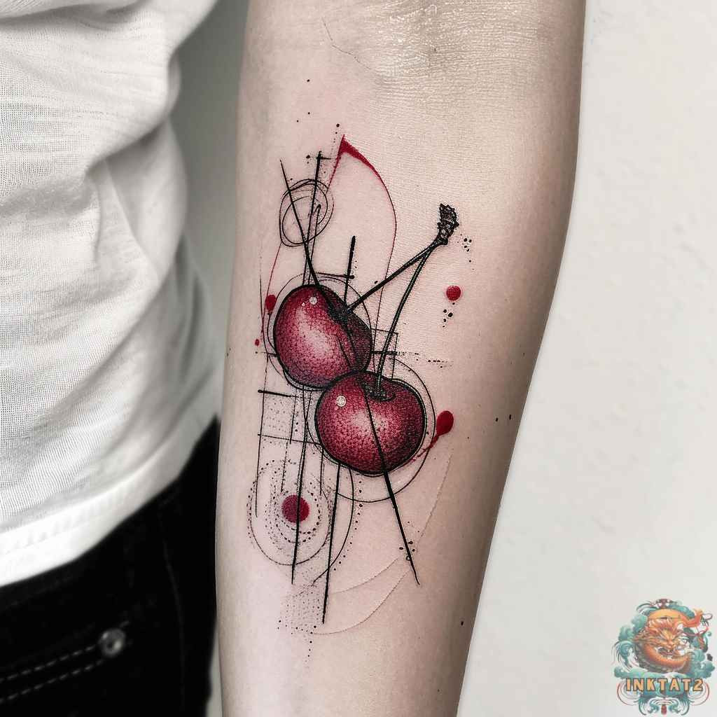 A vibrant cherry tattoo on the arm, showcasing the intricate detail and artistic skill of a talented tattoo artist specializing in realistic designs.