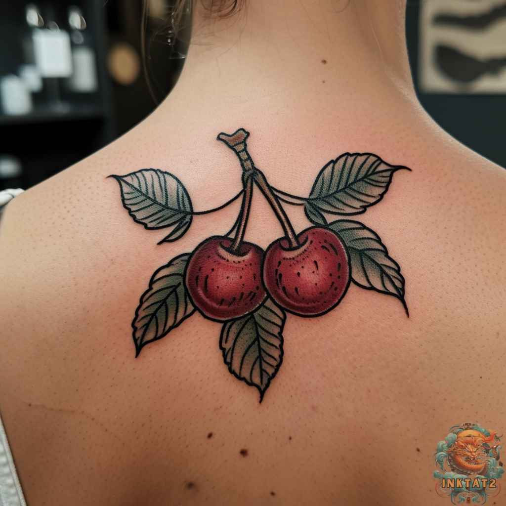 A cherry tattoo design incorporating a banner with a meaningful word or date, illustrating how personal touches can transform a simple design into a unique and significant piece.