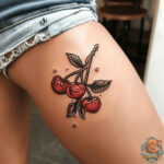 A vibrant cherry tattoo design featuring two bright red cherries with green stems and leaves, showcasing the classic and simple beauty often associated with this fruit tattoo.
