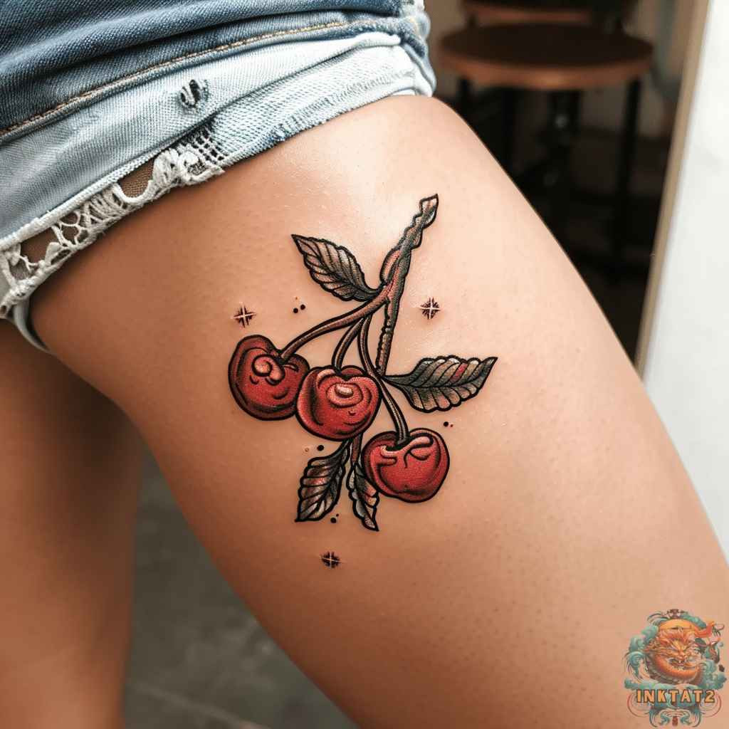 A vibrant cherry tattoo design featuring two bright red cherries with green stems and leaves, showcasing the classic and simple beauty often associated with this fruit tattoo.