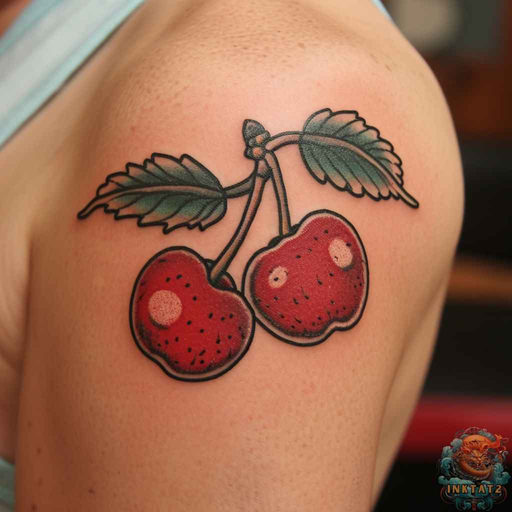 A cherry tattoo design featuring a cluster of cherries with vibrant red color and detailed leaves, often chosen by individuals who appreciate the fruit's aesthetic appeal and versatile symbolism.