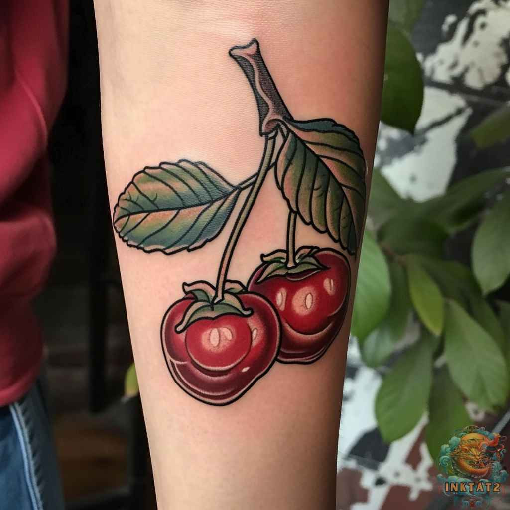 A simple and small cherry tattoo on a finger, representing a more affordable option for those looking for a subtle and minimalist design.