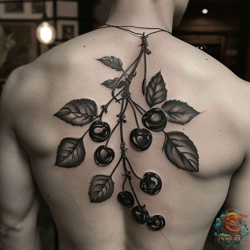 A tattoo design featuring cherries combined with dice, symbolizing luck, chance, and the gamble of love, creating a fun and whimsical piece.