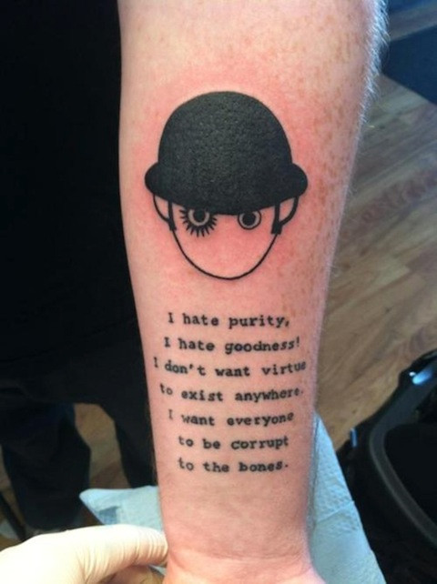 close up of Alex's intense gaze in a clockwork orange tattoo