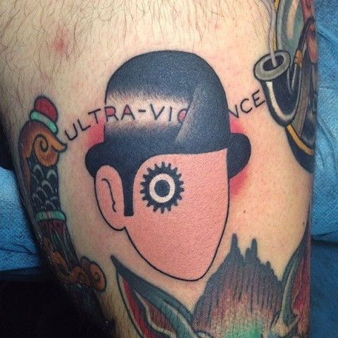 A Clockwork Orange tattoo featuring Beethoven's bust with musical notes