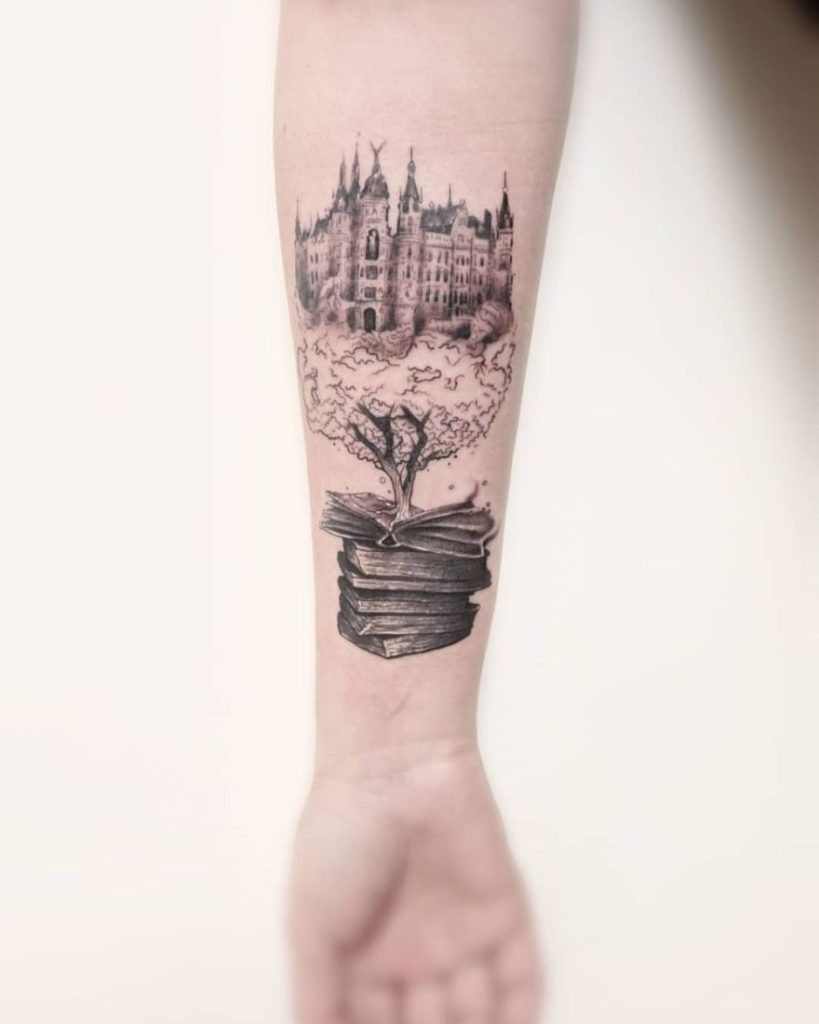 Creative book tree tattoo design