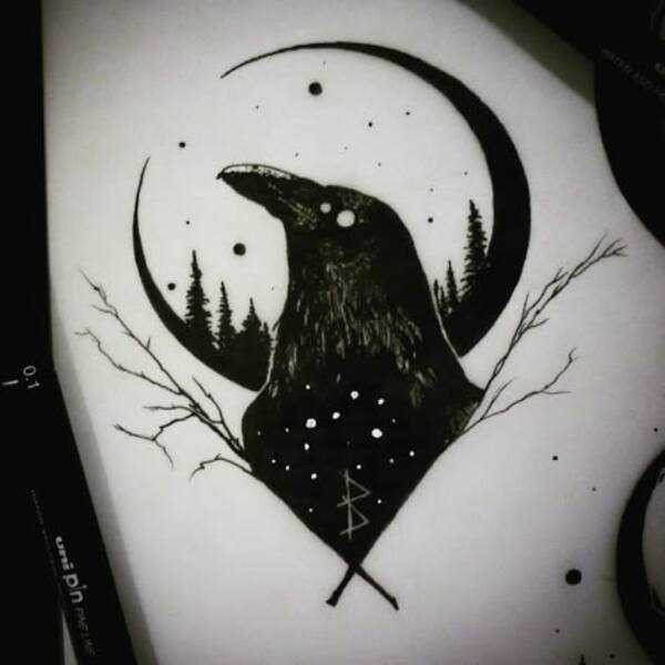 A crow tattoo design incorporating elements from different cultures, such as Norse runes and Native American symbols