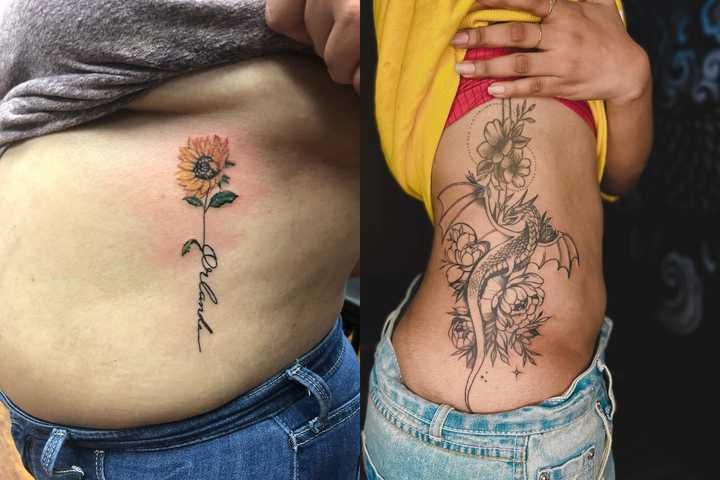 A lady in a sunflower tattoo on her side abdomen