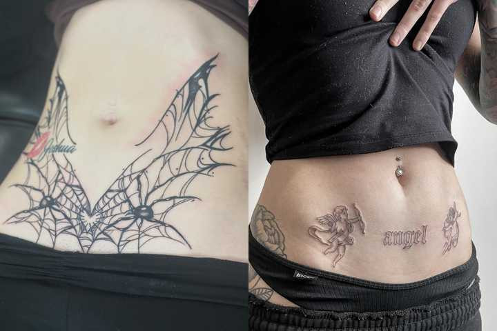 A lady in a spider web tattoo on her lower abdomen