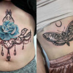 A lady with a blue rose on her upper abdomen