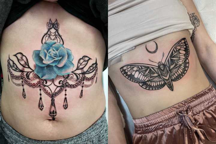 A lady with a blue rose on her upper abdomen