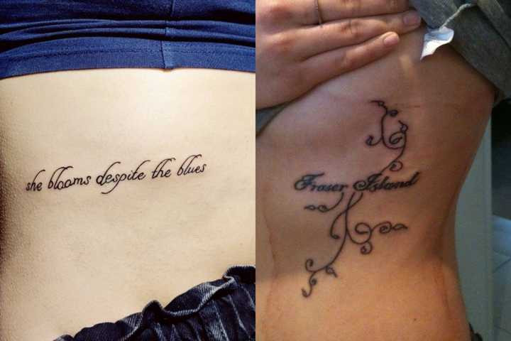 A lady in grey has a decorated quote tattoo on the side of her stomach
