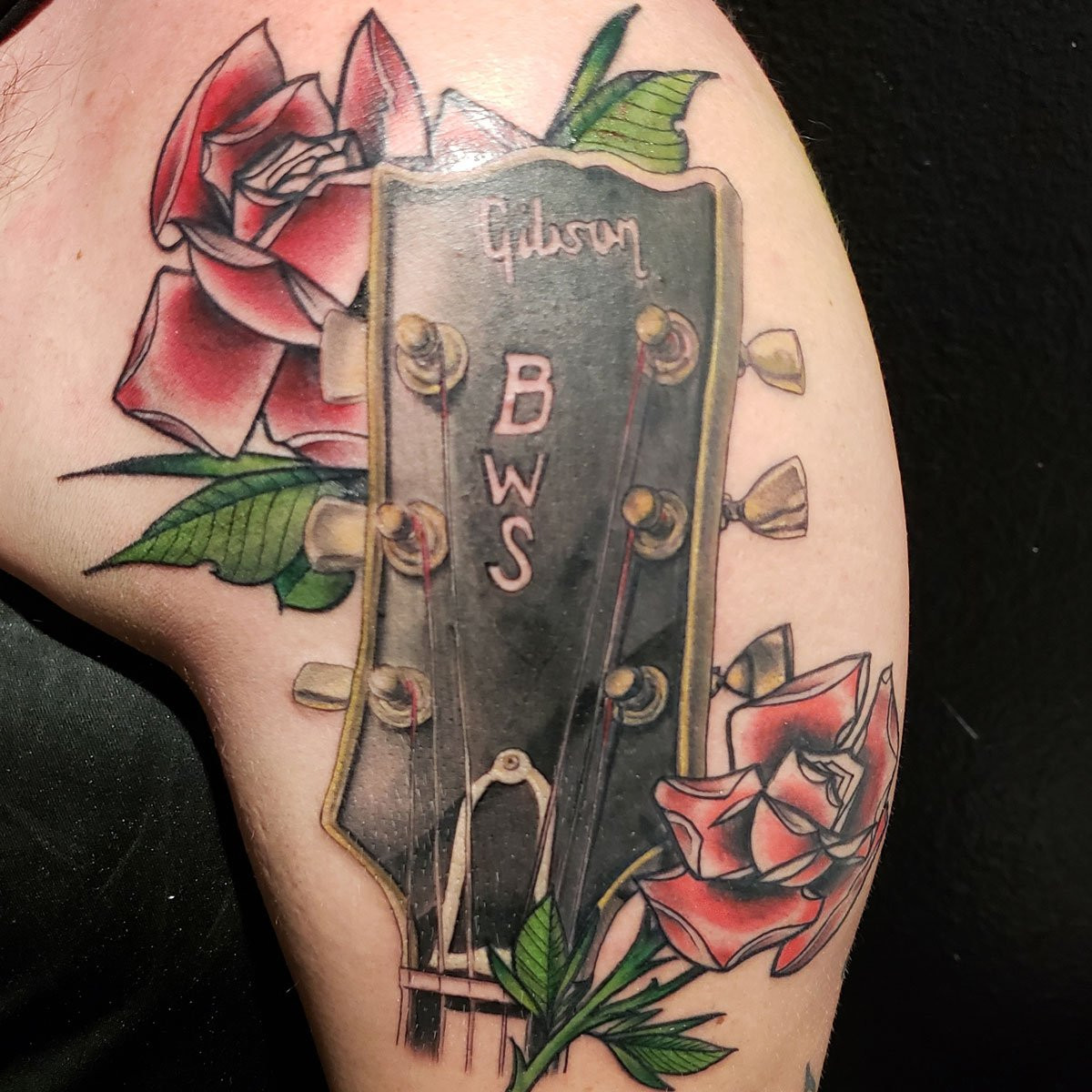 Gibson guitar neck tattoo with roses - Artist: Renegade.ink - 0