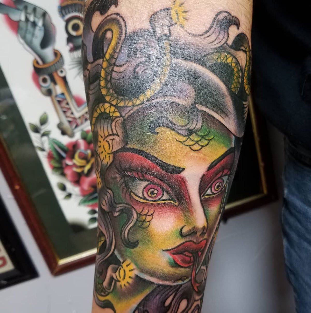 Medusa tattoo realism multi colored ink